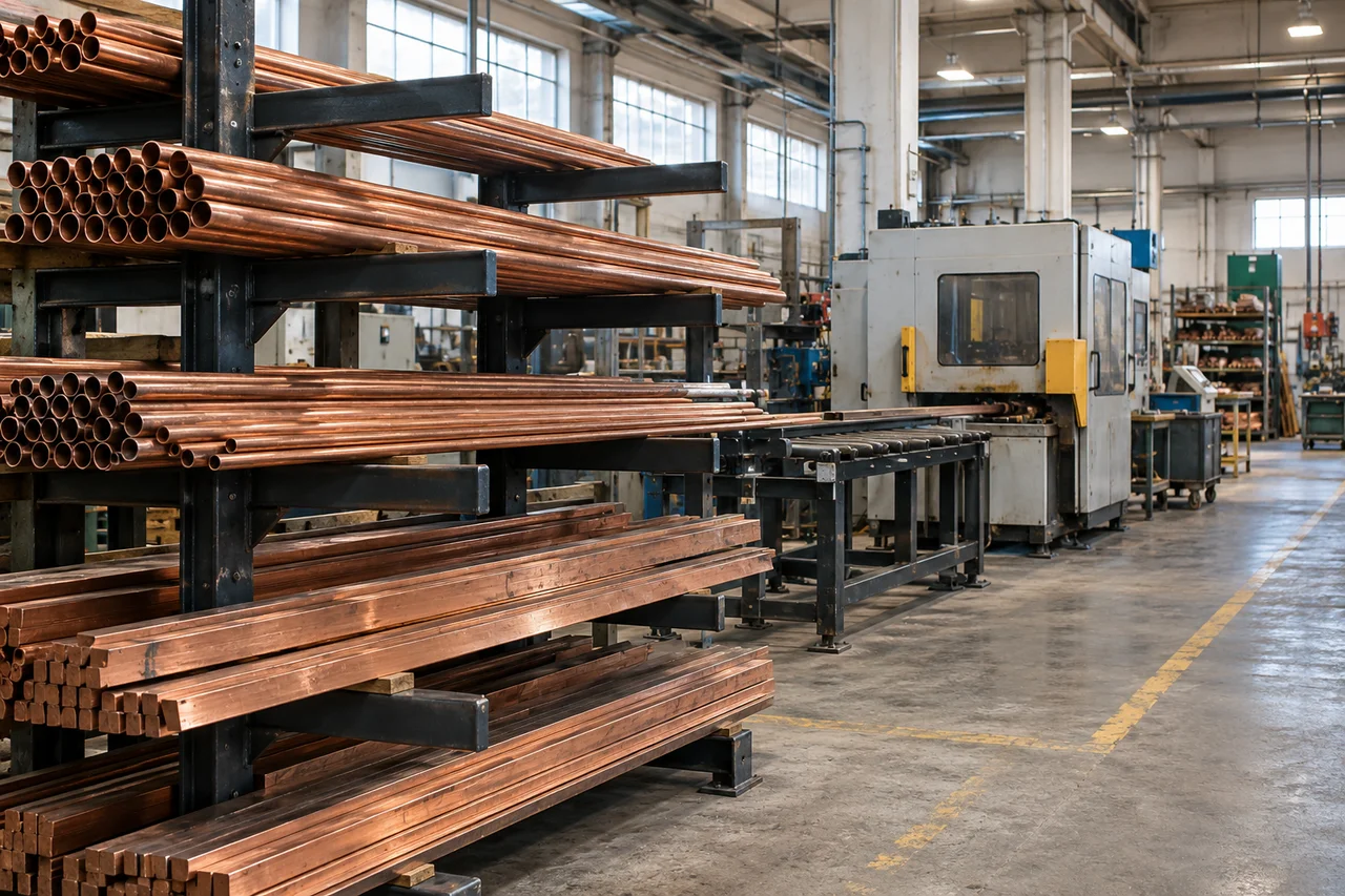 Copper stock and equipment in an illustrative workshop scene